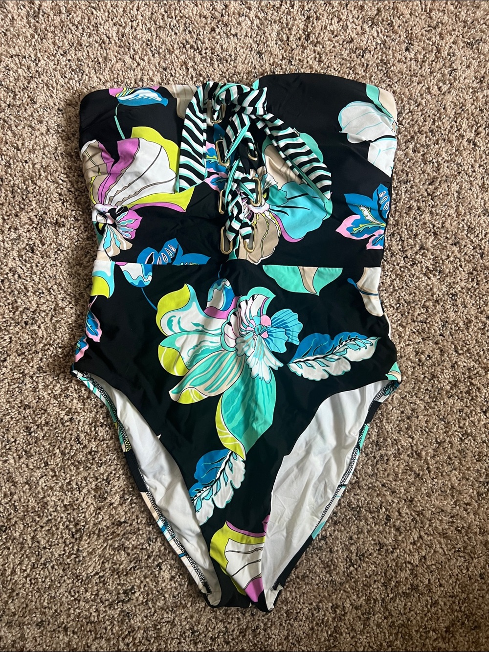 Trina Turk Black Floral Strapless One-Piece Swimsuit